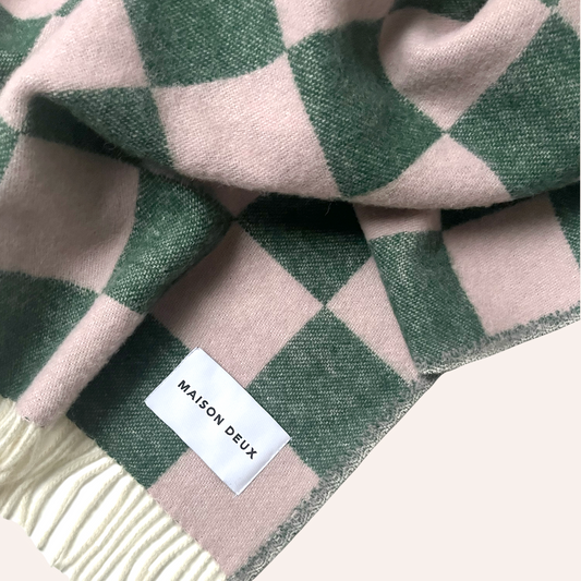 Wool Checkerboard Blanket, Green & Pink