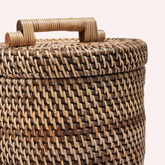 Rattan Bin, Natural Brown — woven detailing