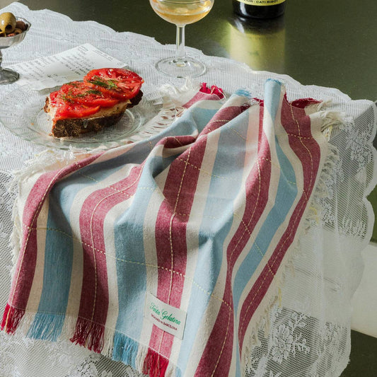 Tarta Gelatina Striped Napkins Set, Burgundy & Blue in a styled setting — linen, woven detailing