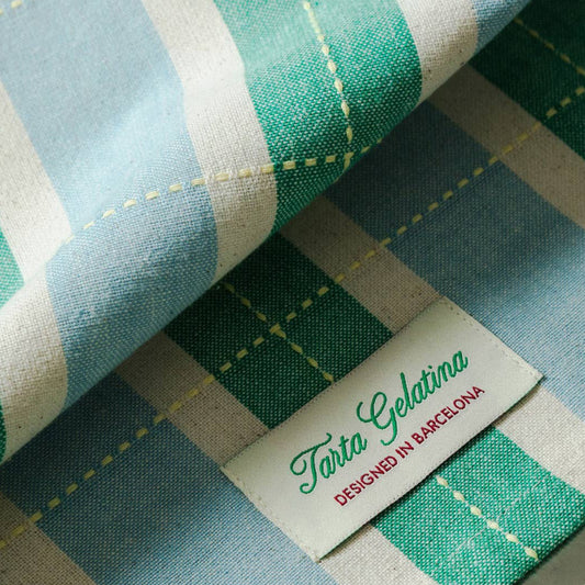 Tarta Gelatina Striped Tea Towel, Green & Blue in a styled setting — cotton, woven detailing