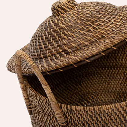 Rattan Lidded Basket with Handles, Natural Brown