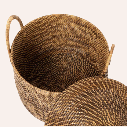 Rattan Lidded Basket with Handles, Natural Brown