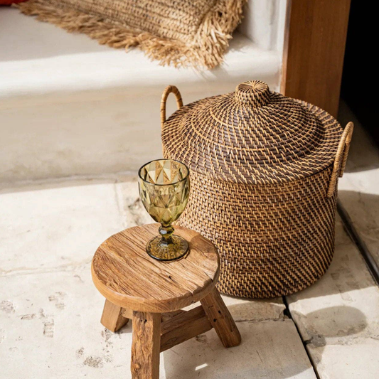 Rattan Lidded Basket with Handles, Natural Brown