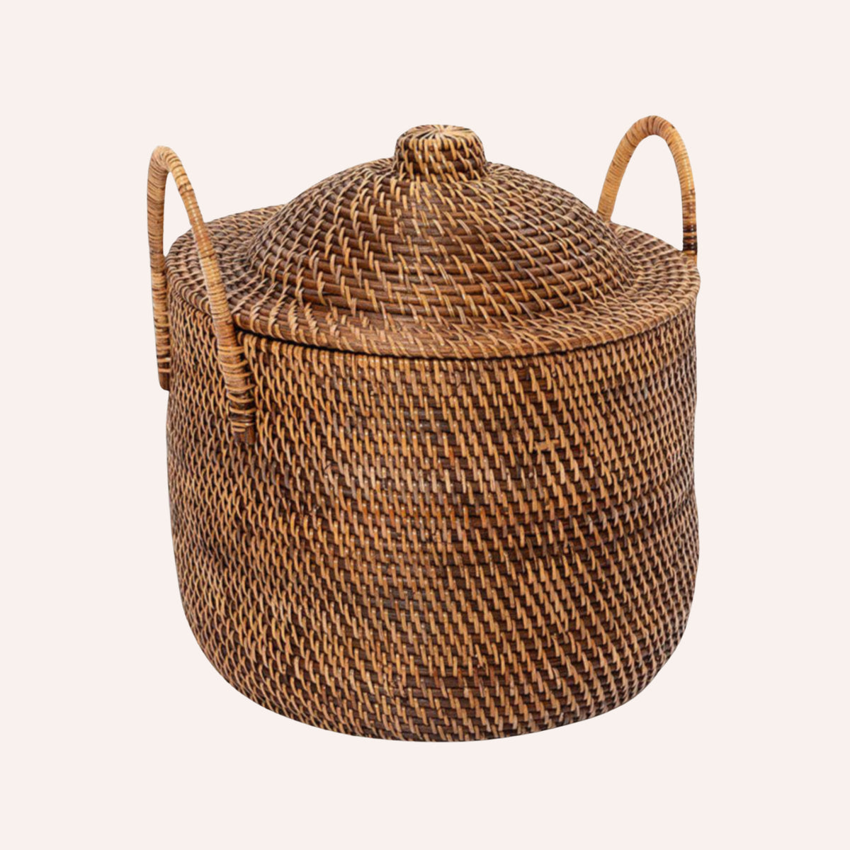 Rattan Lidded Basket with Handles, Natural Brown