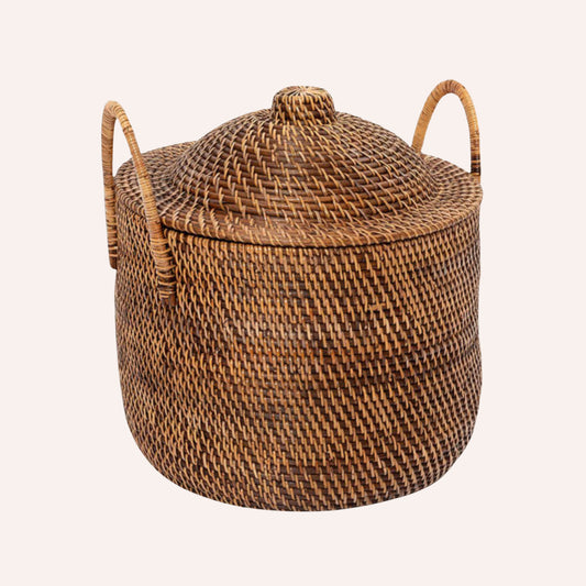 Rattan Lidded Basket with Handles, Natural Brown