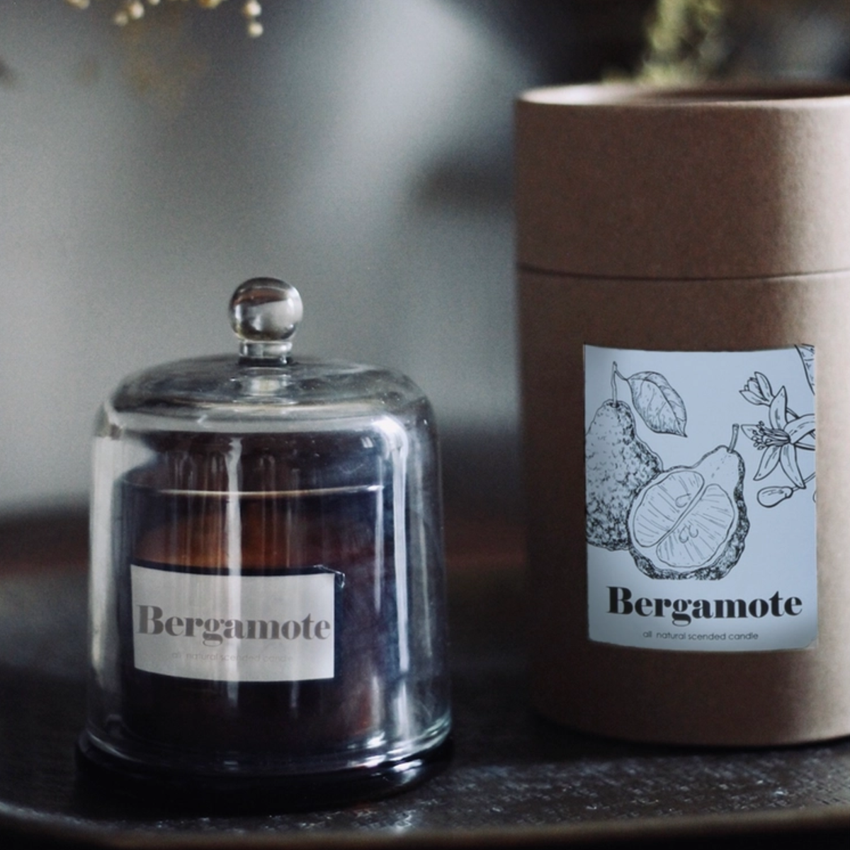 Amber Bell Candle with Cloche, Bergamot in a styled setting — glass