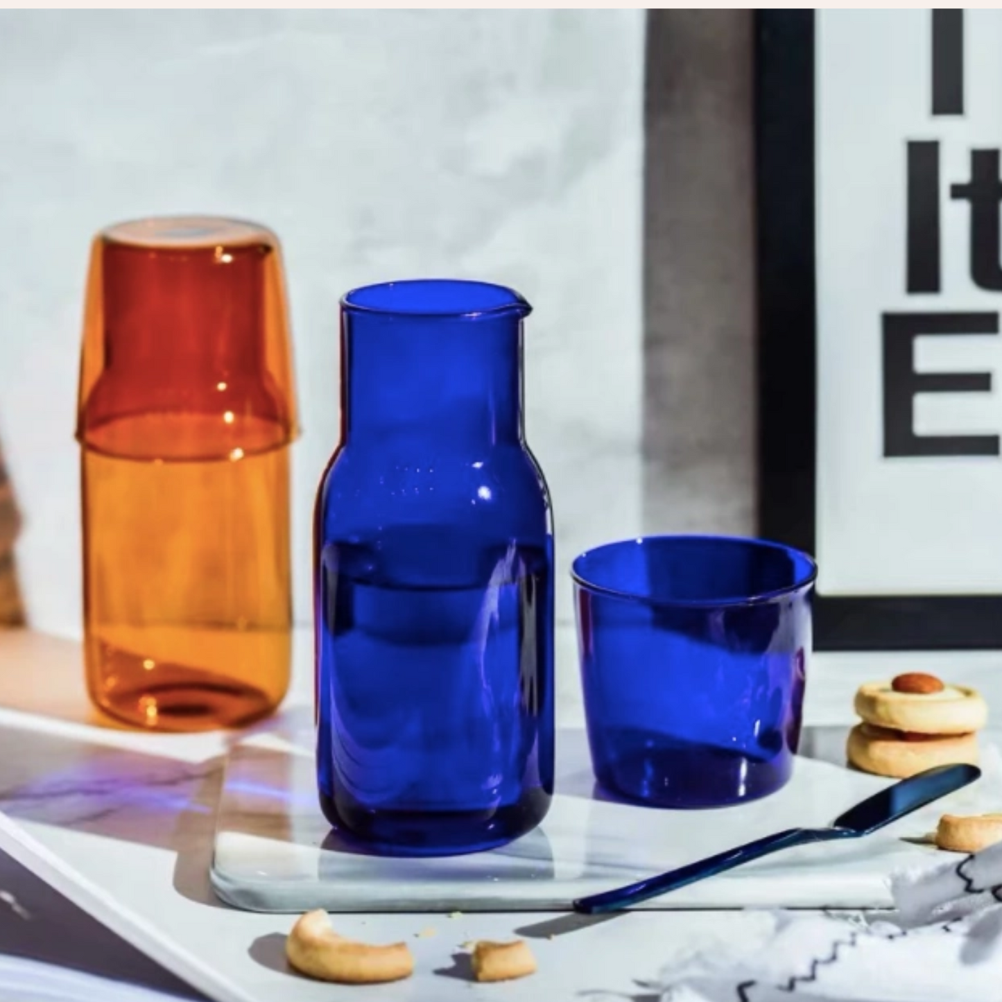 Glass Carafe with Cup, Blue