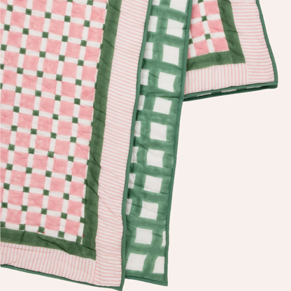 Checkered Bedspread, Pink & Green