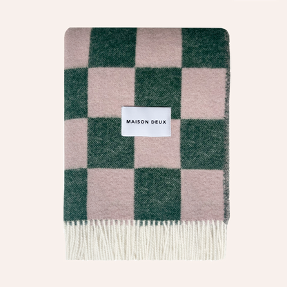 Wool Checkerboard Blanket, Green & Pink