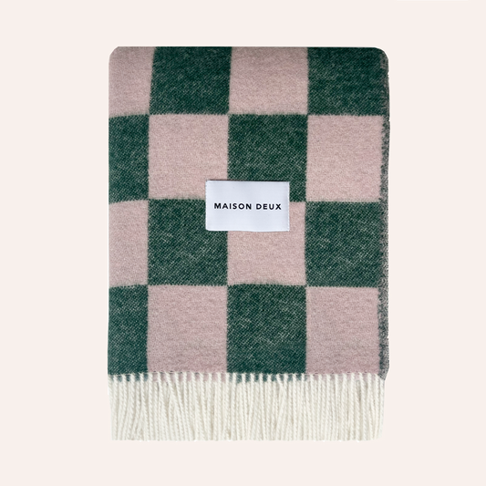 Wool Checkerboard Blanket, Green & Pink