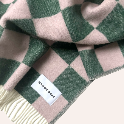 Wool Checkerboard Blanket, Green & Pink