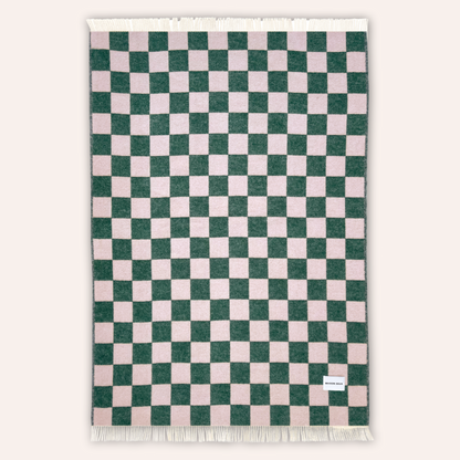 Wool Checkerboard Blanket, Green & Pink