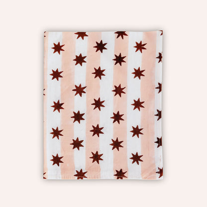 Block Print Tea Towel, Pink Stripe & Burgundy Star