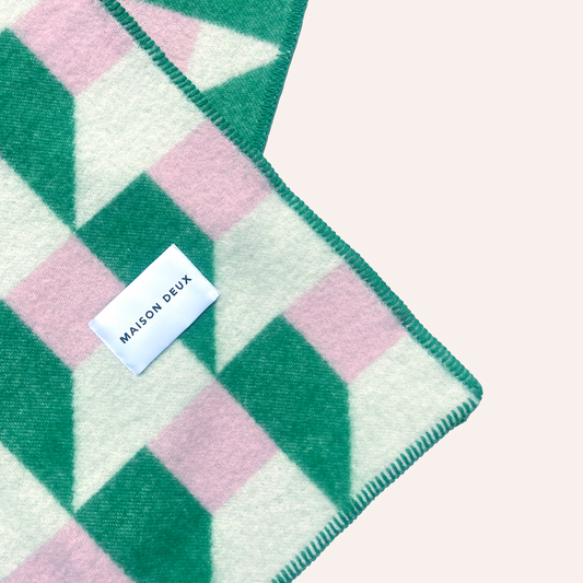 Wool Cubics Blanket, Green & Pink