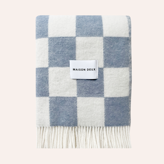 Wool Checkerboard Blanket, Denim