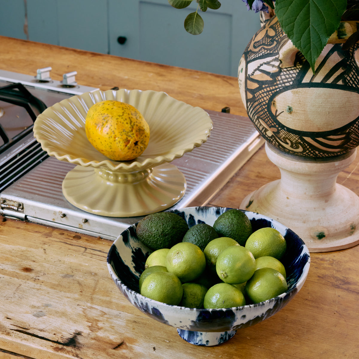 HKLIVING Ceramic Bowl On Base, Indigo
