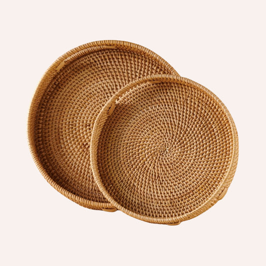 Round Rattan Tray — woven detailing, in brown