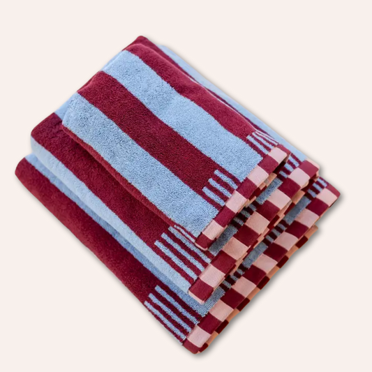 Cotton Stripe Towels, Blue & Bordeaux Red