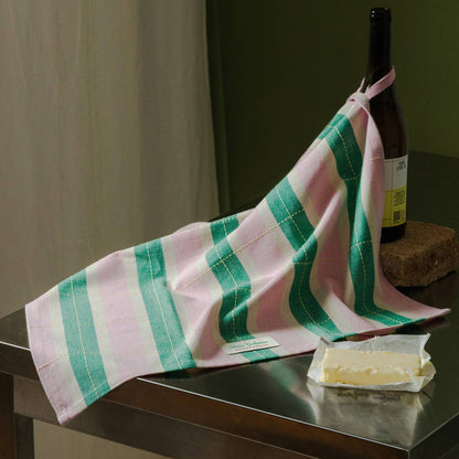 Tarta Gelatina Striped Tea Towel, Green & Pink
